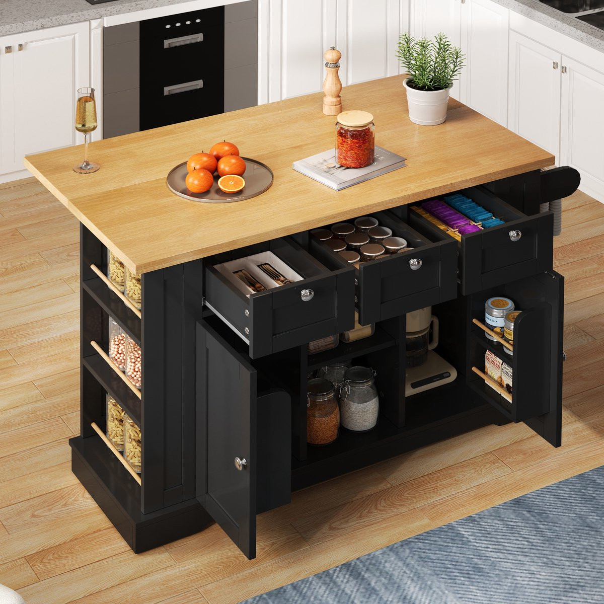 HAUSS SPOLE Keukeneiland - Mobiele Keukenwagen met Uitschuifbaar Werkblad en Ingebouwde Stopcontacten - Naturel/Zwart - B: 132 cm, D: 40(70) cm, H: 87 cm