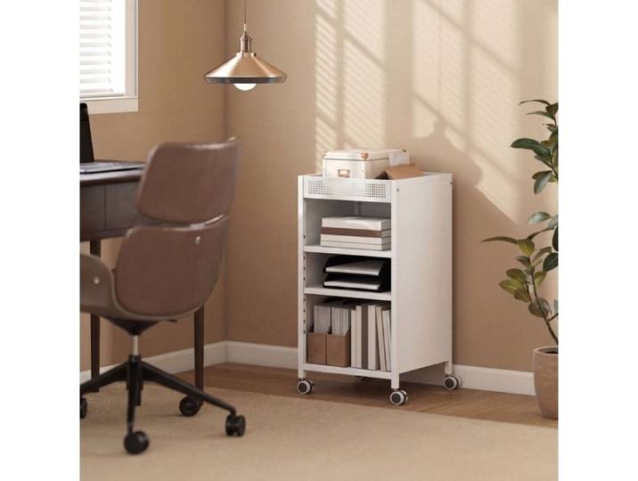 Meuble rangement bibliotheque mobile 2 etageres reglables panier superieur metal blanc 35 x 34 x 69 5 cm ORVRYN