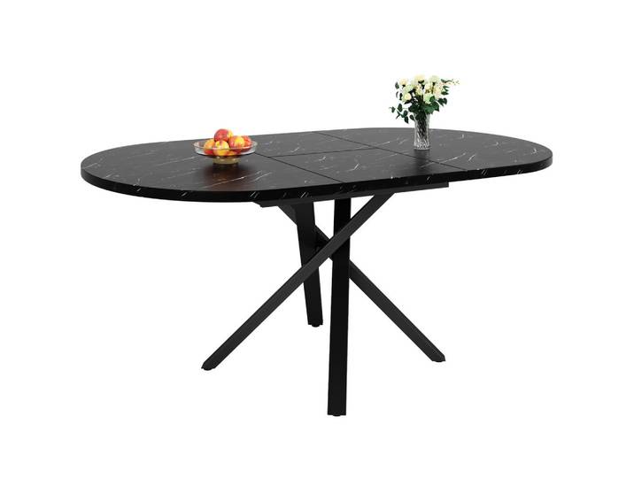 Urban Meuble Esstisch ausziehbar 100–140 cm in Marmor-Optik & Schwarz, Oval,Oval, 100x76x100 cm, Esszimmer, Esstische