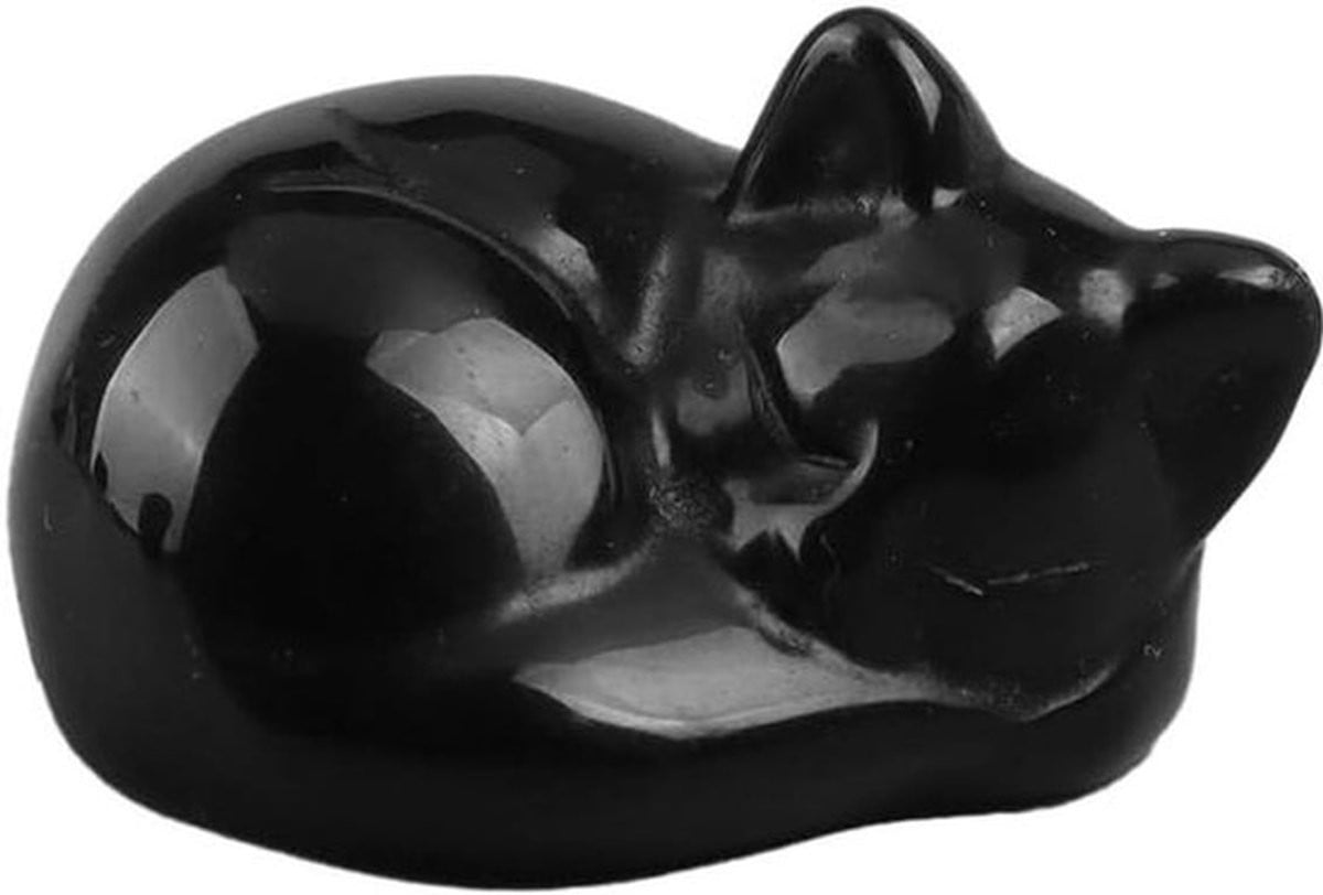 Zwarte Obsidiaan Kat Ornament - Slapende Kat Kristal Beeldje voor Bureau Decoratie