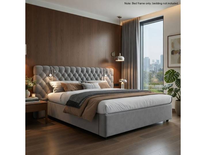 CollaHausse Lit Capitonné 160x200 cm Gris en Velours avec LED Lampe et Rangement