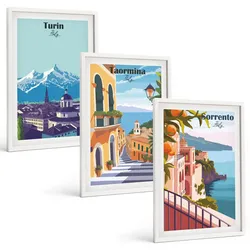 BILDER SET 3er Set - 40x60 cm Weißer Rahmen - Farbenfrohe Retro-Stadtansichten