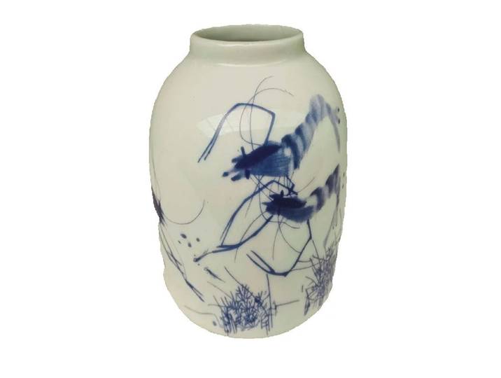 Vase chinois ancien en porcelaine, pot de rangement à motif de crevettes bleues et blanches, article décoratif de collection Antique