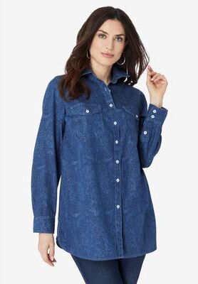 Plus Size Women's Olivia Denim Big Shirt by Roaman's in Denim Etched Filigree (Size 12 W) Bigshirt