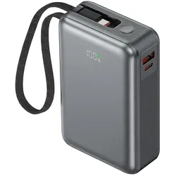 Akashi PowerBank 20000mAh 65W Dual USB Anschluss mit integriertem USB-C Trageschlaufe Kabel (20000 mAh, 65 W), Powerbank, Grau