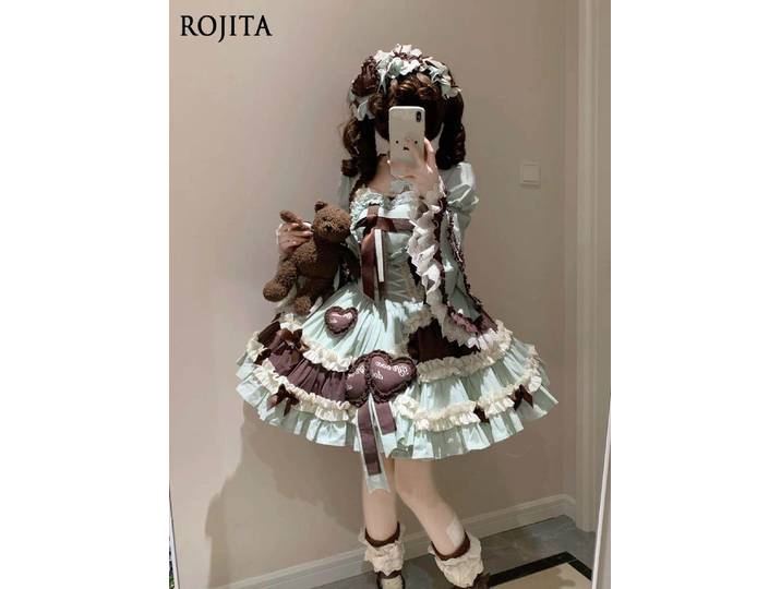 Robe Sweet Lolita JSK, coloris menthe et marron, avec patchs en dentelle en forme de cœur, robe classique Lolita à volants superposés
