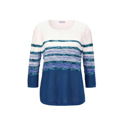 Rundhalspullover GOLDNER "Kurzgröße Leichter Pullover mit tollem Ringelmuster", Damen, Gr. 25, blau (royalblau, gemustert), Obermaterial: 55% Polyacryl PAN. 45% Baumwolle CO., weit normales Bündchen, Pullover Rundhalspullover, Taille abwärts aus...