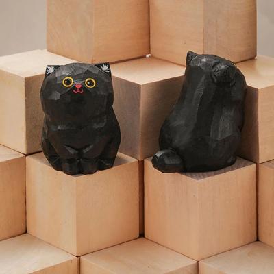 Inspired Living Hand Carved Wooden Cat Figurine Cute Kitten Desk & Home Decor Accent 10