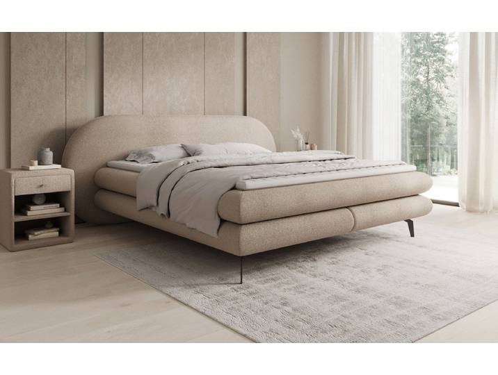 Boxspringbett Marisol mit ovalem Headboard in Bouclé - 140x200 - Beige - H2 (bis 70kg) - Luxusbetten24