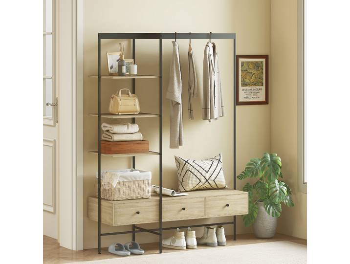 HOMCOM Porte-manteau Moderne 180cm Métal Chêne avec Étagères