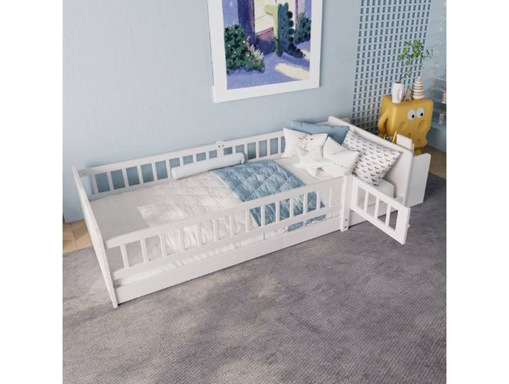 Lit enfant 90x200 cm avec compartiments rangement barrières bois blanc (Sans matelas)