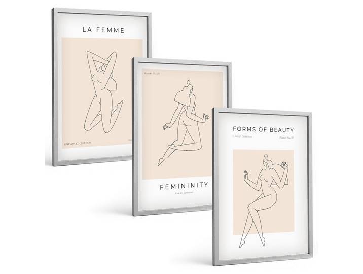 BILDER SET 3er Set - 40x60 cm Silberner Rahmen - Poster mit minimalistischen Frauensilhouetten