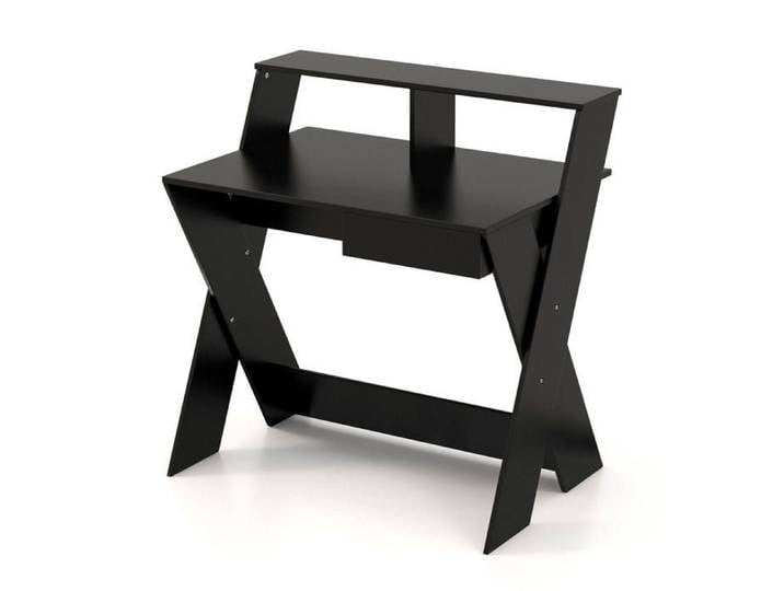 Montage simple bureau informatique noir avec tiroir de rangement et étagère pour écran petit espace