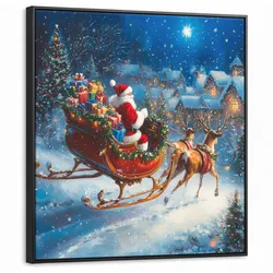 LEINWAND Bilder mit Rahmen - Weihnachtsmann - Rentier - Weihnachten - Schnee - 90x90