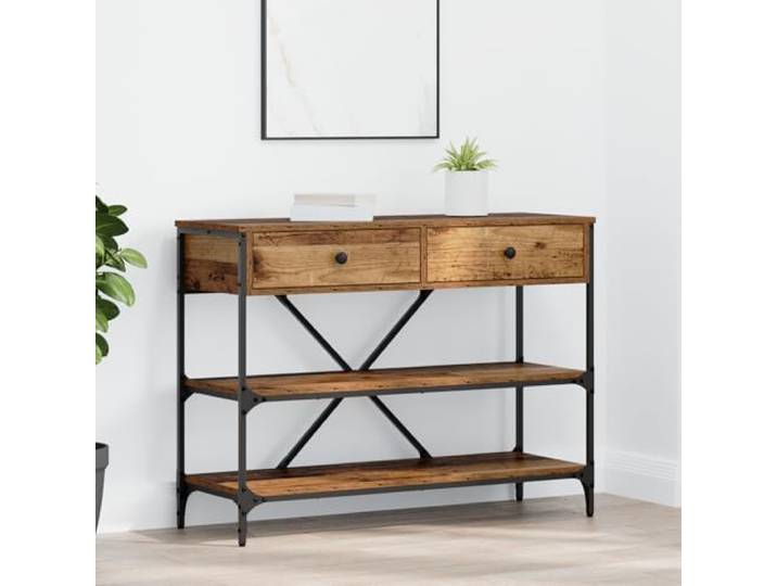 HEFZGDB Konsolentisch Altes Holz 100x34.5x75 cm Ingenieurholz mit Zwei geräumigen Schubladen und Regalfläche, Stabiler Metallrahmen für rustikalen Charme und Moderne Funktionalität