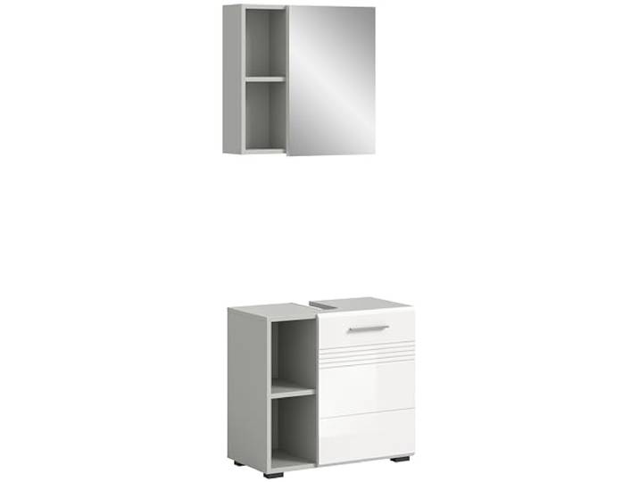 xonox.home Badezimmer Copa 2tlg. Kombination Badmöbel Set kleine Bäder Komplettprogramm Bademöbel-Set in Front weiß Hochglanz tiefzieh Korpus hellgrau Nb.