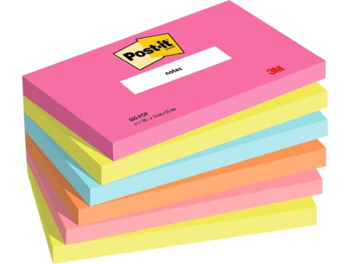 Post-it Notes Poptimistic Color Collection, Pack van 6 pads, 100 vellen per pad, 76 mm x 127 mm, Roze, Groen, Blauw, Oranje - Zelfklevende notities voor het maken van notities, takenlijsten en