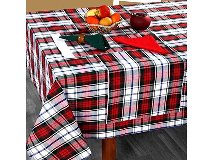 Homescapes Karierte Tischdecke Macduff 137x228 cm, Baumwoll-Tischdecke Schottenkaro rot-weiß-grün, Tischtuch rechteckig, waschbar & pflegeleicht