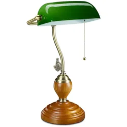 Relaxdays Bankerlampe mit Zugschalter, neigbarer Glasschirm, Holzfuß, Retro Design, E27-Fassung, Schreibtischlampe, grün