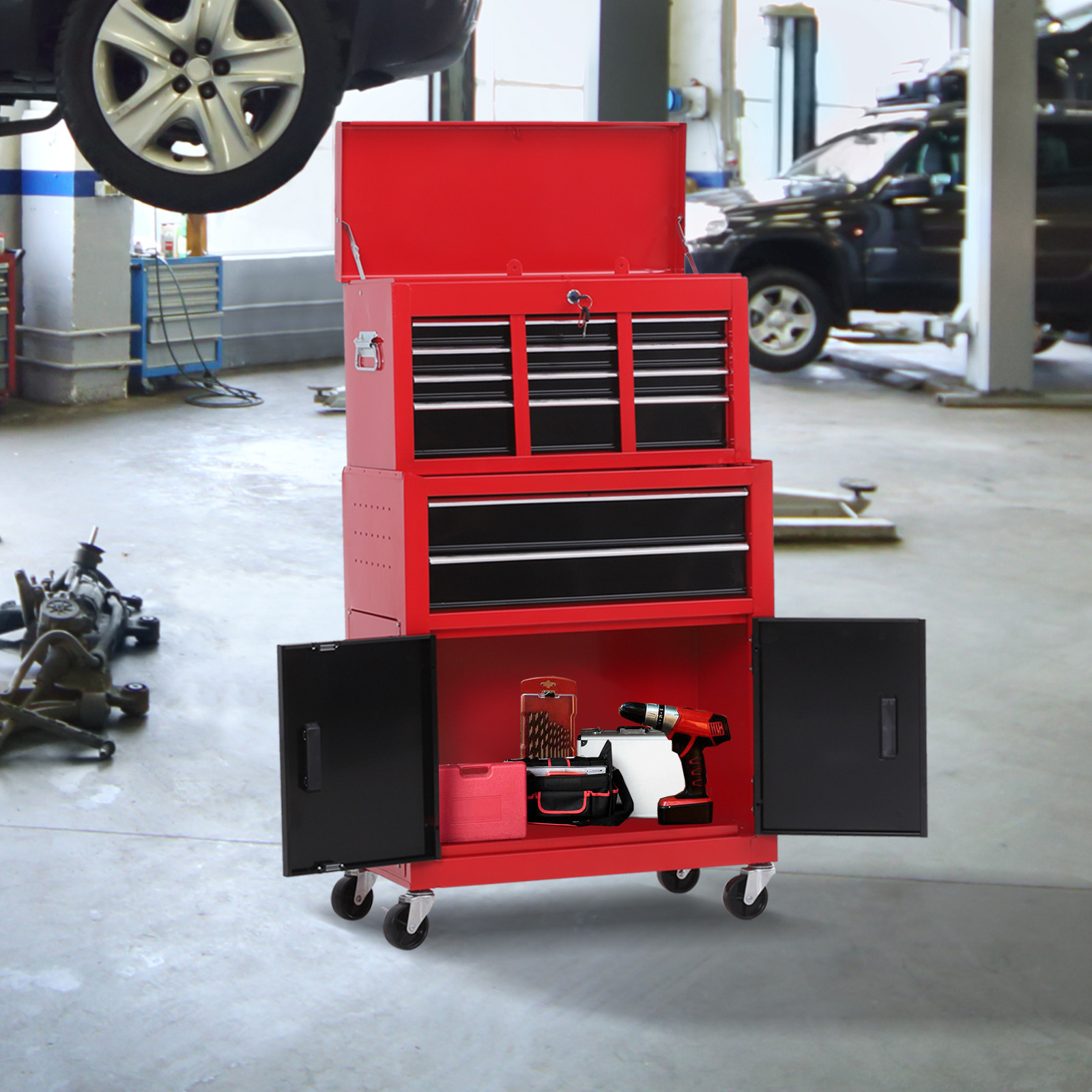 Homcom Carrello Porta Attrezzi 2 in 1 con Cassetta Superiore e Armadietto Inferiore, in Metallo, 61.6x33x108 cm, Rosso   Aosom Italy