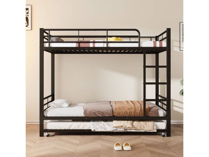 Lit superposé - KOMHTOM - Lit superposé avec lit gigogne 90x200/90x190 - Noir - Métal - 3 places