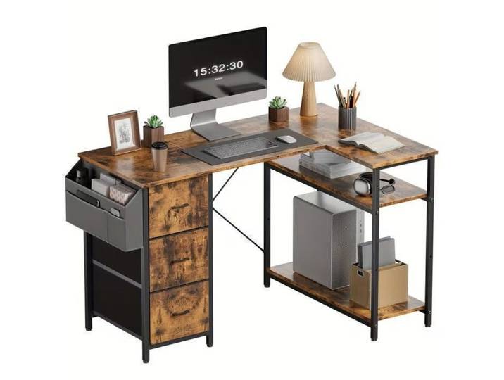 Bureau d'angle avec Rangement et 3 Tiroirs 140 x 78 cm Bureau Gaming en L avec Support Idéal Gaming & Télétravail Marron