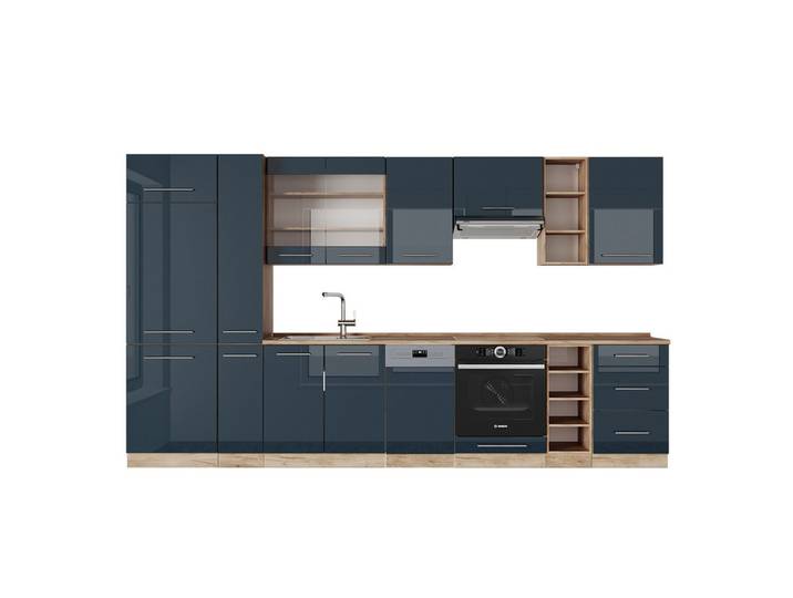 Vicco Küchenzeile Fame-Line, Dunkelblau Hochglanz/Goldkraft Eiche, 355 cm ohne Arbeit...