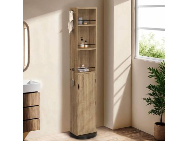 IDMARKET Meuble colonne pivotante de salle de bain avec miroir placard et étagères hêtre et noir ELIA