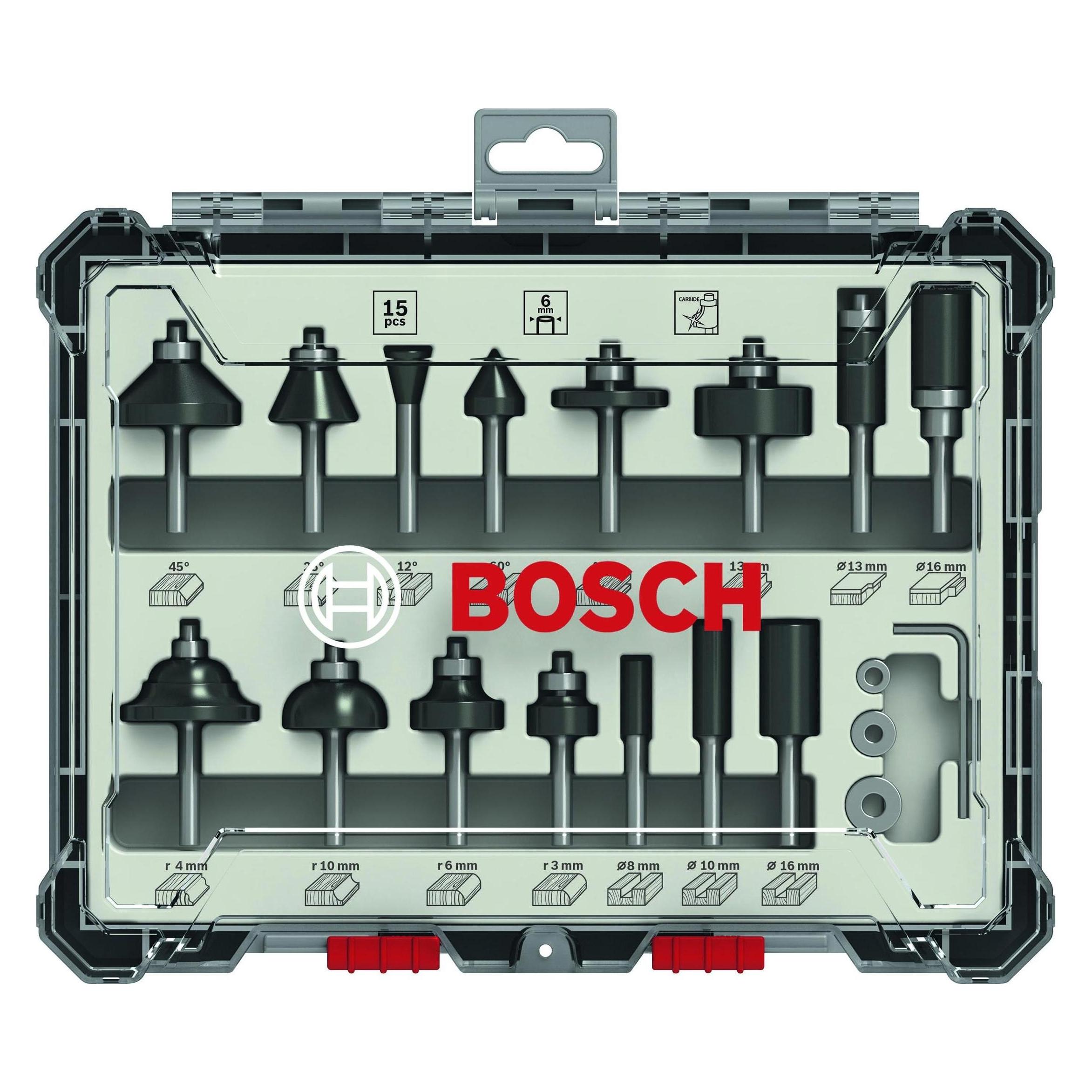 Bosch Professional Zubehör 15-teiliges Fräser-Set, 6-mm-Schaft für Handfräsen (2607017471)