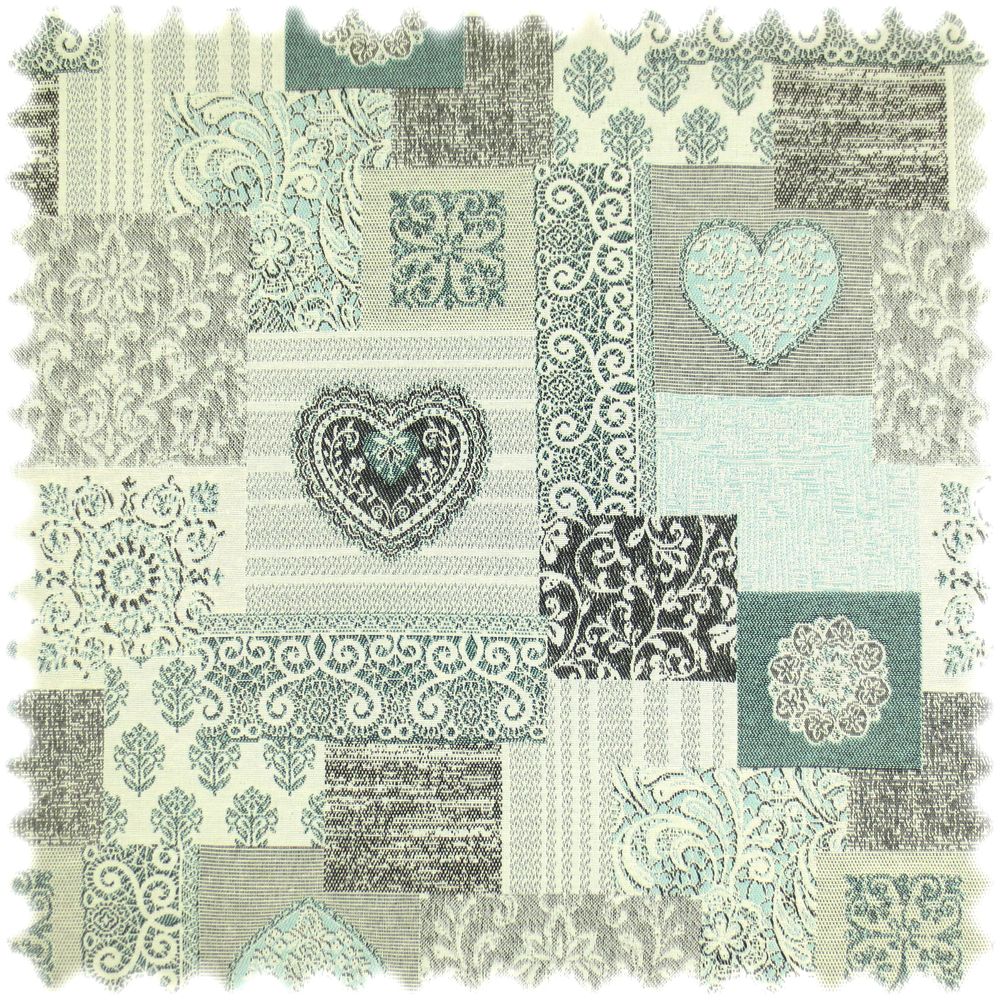 Heiro Jacquard Flachgewebe Möbelstoff Herz Petrol im Patchwork Design