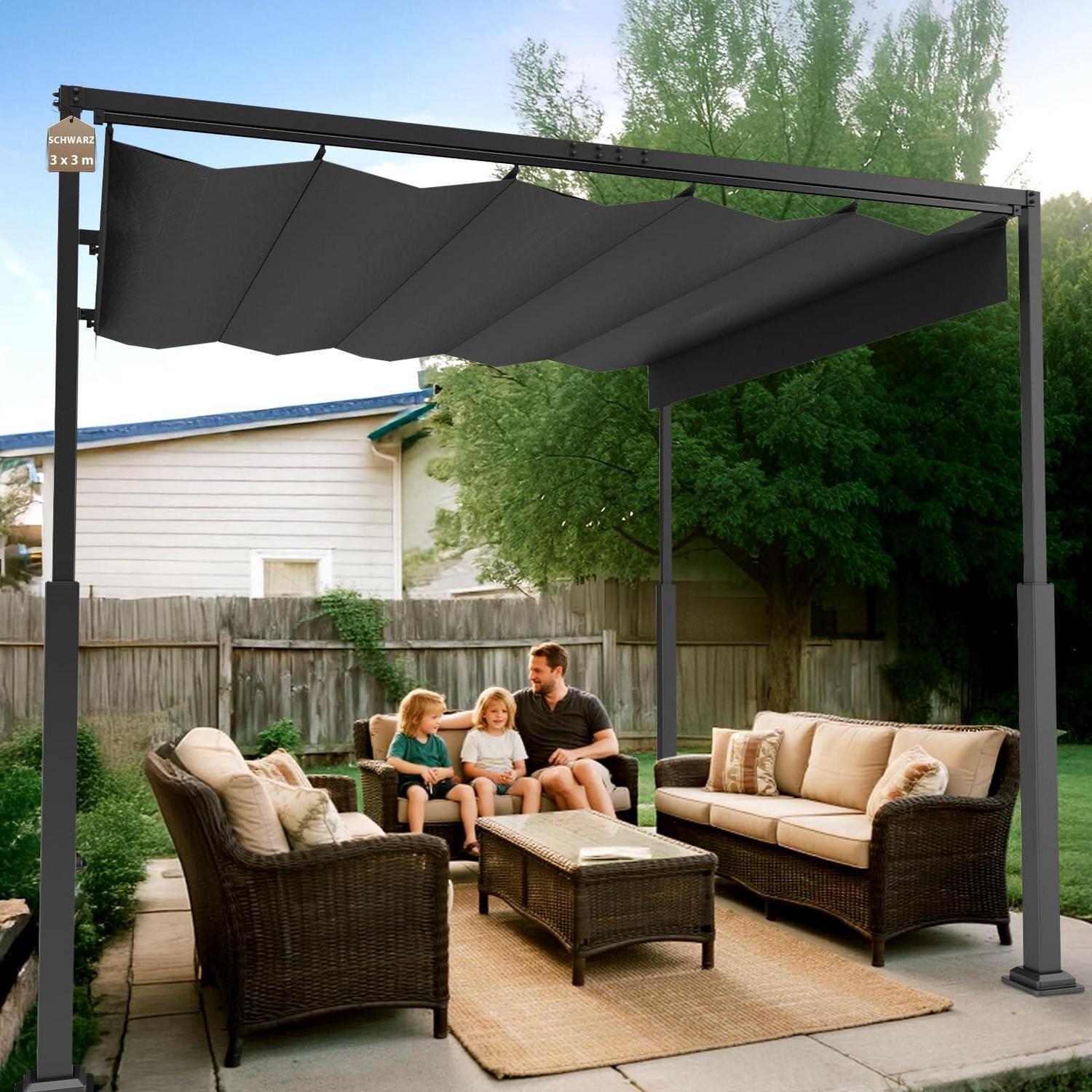 Pergola mit Schiebedach 3 x 3 m Stahl & Polyester Schwarz