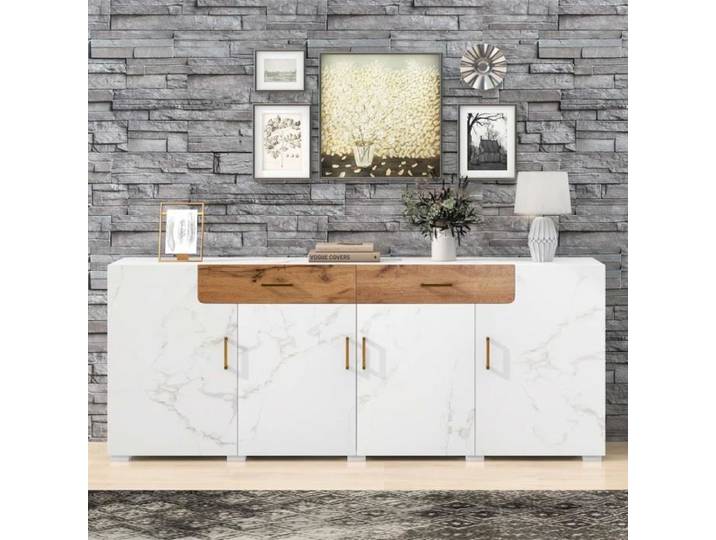 Buffet haut blanc MODERNLUXE - 4 portes 2 tiroirs aspect marbre