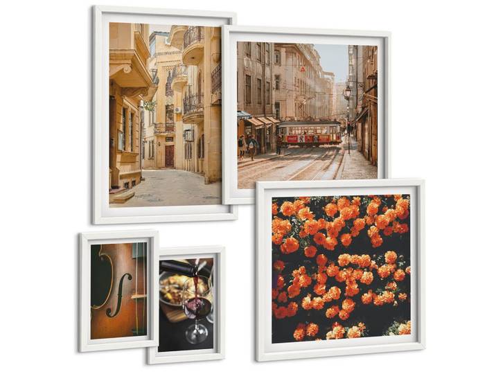 BILDER SET 5er Set - 50x50 cm & 20x30 cm & 40x60 cm Weißer Rahmen - Vintage Blumen Straße Wein Geige