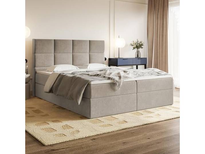 MOTIVENA Alpha Boxspringbett 120x200 Beige Samt, mit Taschenfederkern-Matratze (H3), mit Visco Memory-Foam Topper (H2), Boxspringbett 120x200 mit Bettkasten Beige