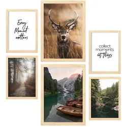 POSTER Set Mit 6 Winter Natur Wandbild A3 & A4 Rahmen Aus Hellem Holz