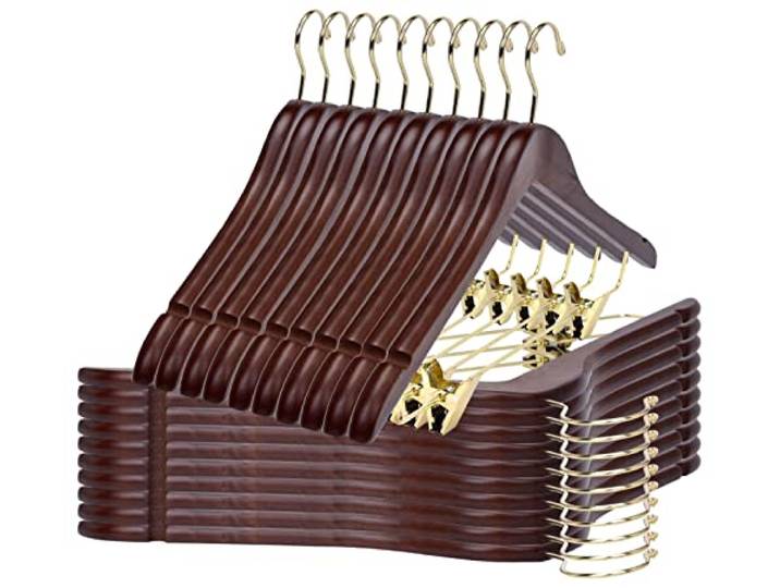 Hochwertige Kleiderbügel aus Holz mit Clips – 20 Stück Walnussholz-Hosenbügel mit verstellbaren goldfarbenen Metall-Clips, Drehhaken für Mäntel, Jacken, Blusen, Anzüge