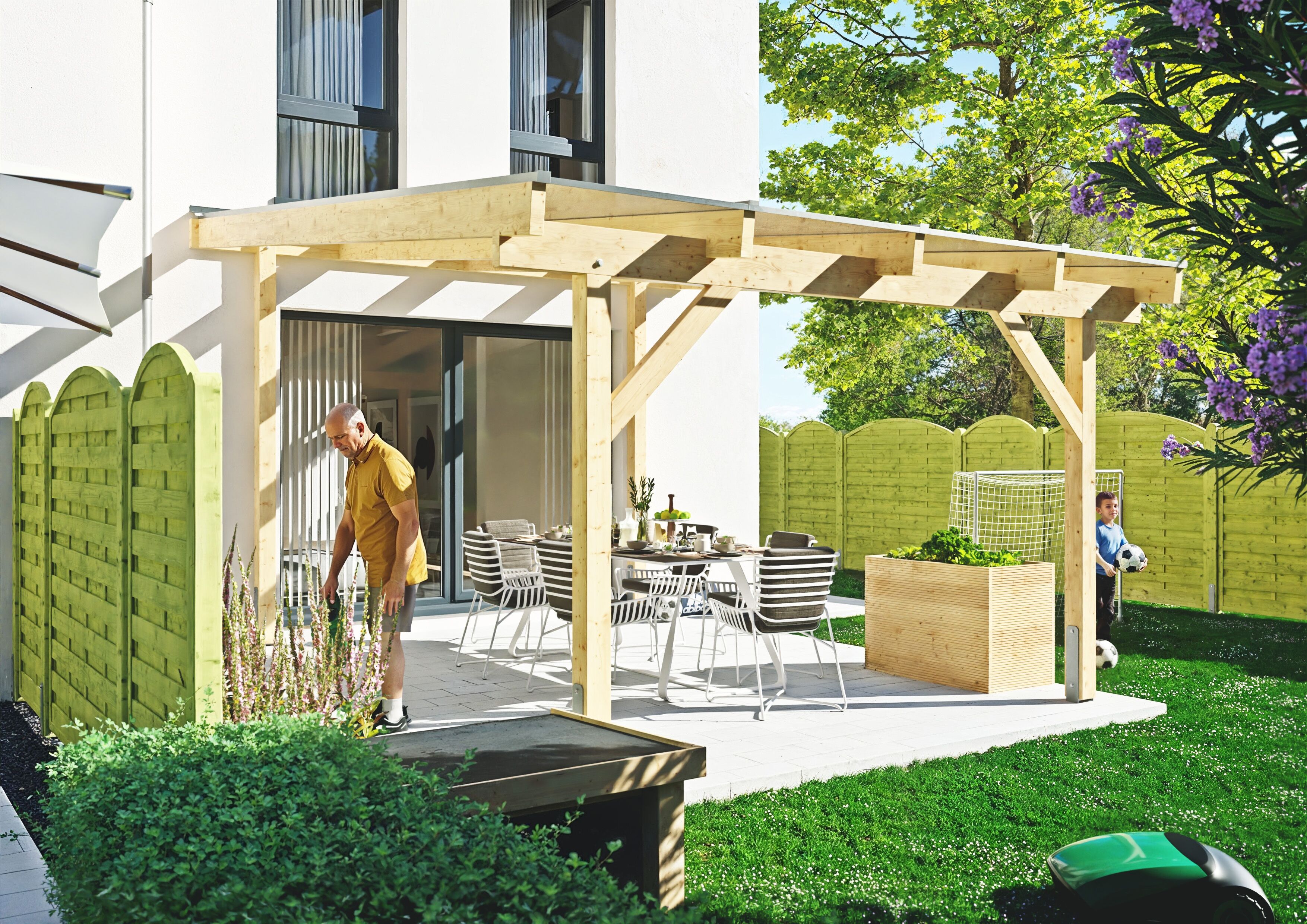 Terrassendach KONIFERA "Capella", beige (unbehandelt), B:409,2cm T:500cm, Fichtenholz, Leimholz, Polycarbonat (PC), Terrassenüberdachungen, Terrassendach, Bausatz aus naturbel. Leimholz mit lichtdurchl. Polycarbonat-Pultdach