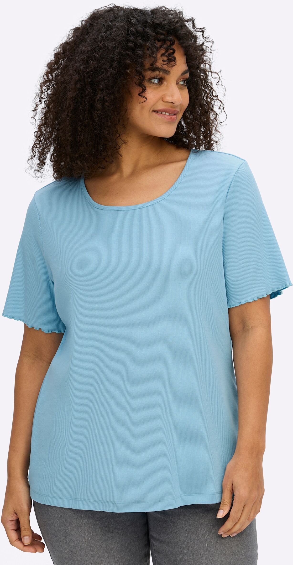 T-Shirt SHEEGO "Kurzarm-Shirt Rippshirt mit Overlocknaht am Ärmel", Damen, Gr. 48/50, aqua, Modisch, Rundhals, Shirts T-Shirt