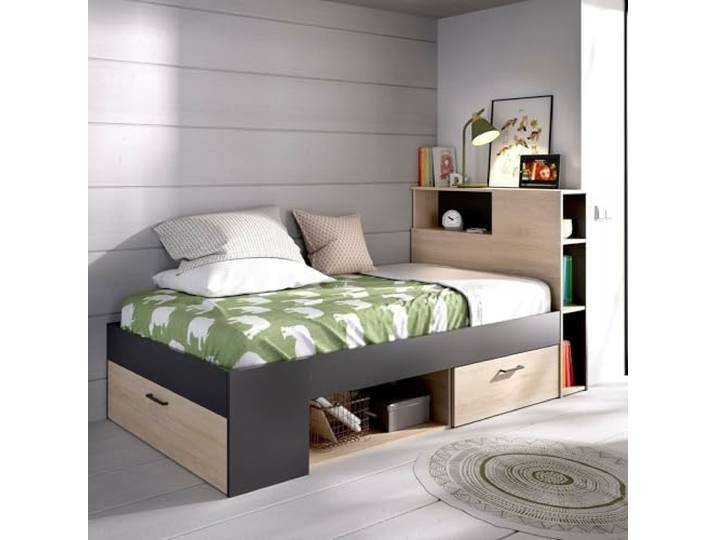 Dmora - Kristall-Kinderbett, Bett für Schlafzimmer mit Kopfteil, Einzelbettgestell mit Schublade und Regalen, 218 x 99 x 96 cm, Eiche und Anthrazit