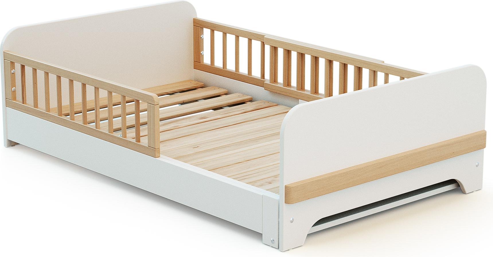 JURABABY - Ausziehbares Kinderbodenbett aus Holz 80x140-165-190 CARROUSEL - Weiß, Umbaubett, umbaubar mit 3 Längen, Lattenrost, Absturzsicherungen, kompakt
