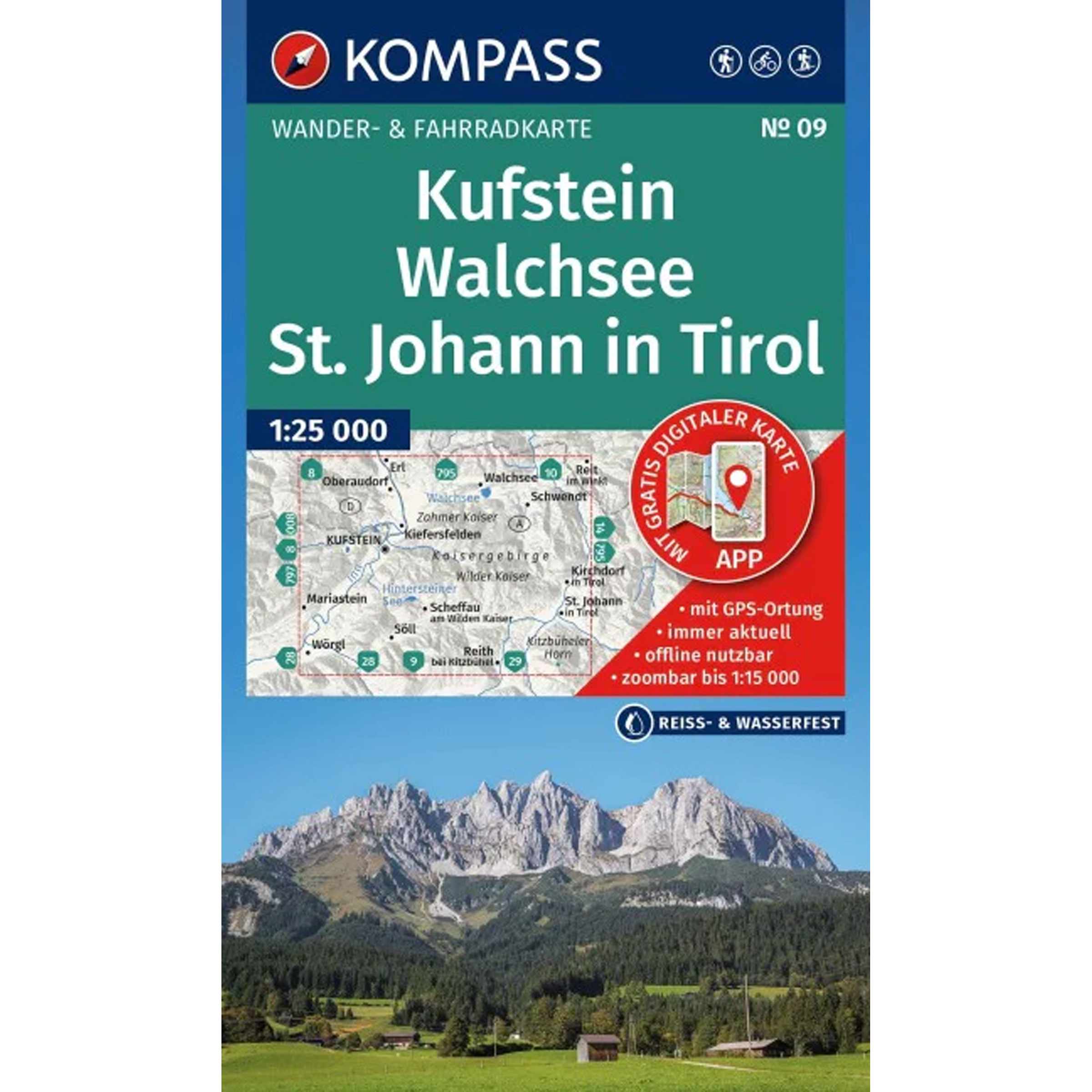 Kompass Verlag WK 09 Kufstein - Walchsee - St. Johann in T. Topografische Karten blau