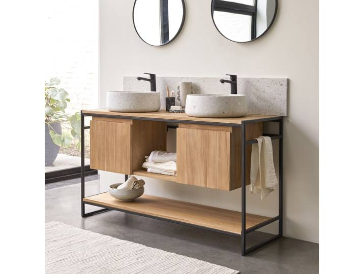 Waschtisch 140 cm aus Metall und Teakholz Doppelwaschtisch industrieller Stil - Natur