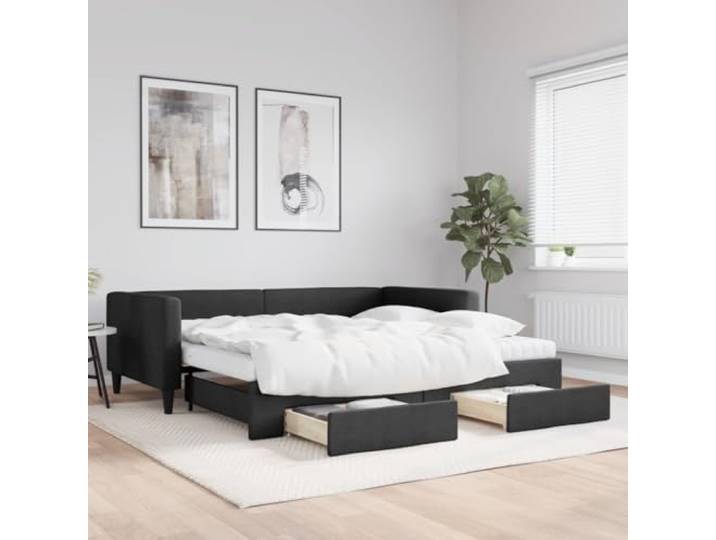 RJPLMFV Tagesbett 2-in-1 mit Ausziehbett, 100 x 200 cm, Schwarz Doppelbett, 2 Schubladen, Schaumstoffmatratze, Holz und Metall