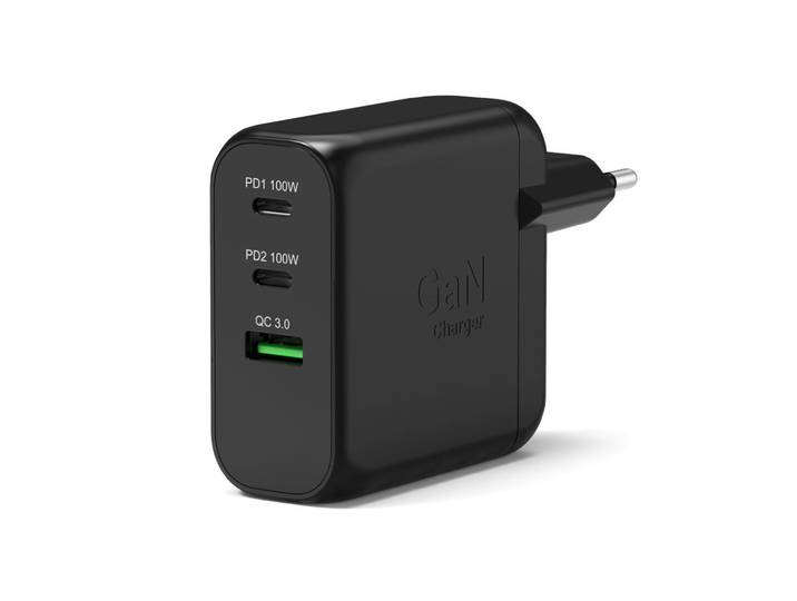 Port Connect Chargeur mural GAN² 100W avec écran - 2x USB-C et 1x USB-A + Câble USB-C / USB-C- Noir