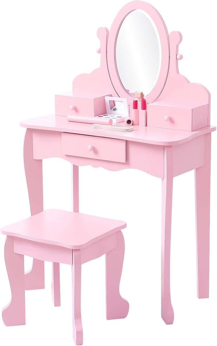 HOERFURIY Kinderkaptafel voor Meisjes met Spiegel en Krukje - Prinses Make-up Tafel met 3 Laden - Roze