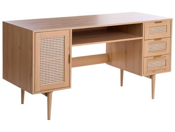 Beliani Schreibtisch Holzoptik Hellbraun rechteckig 140x60 cm mit Metallgestell 3 Schubladen Fach Schrank Raffra