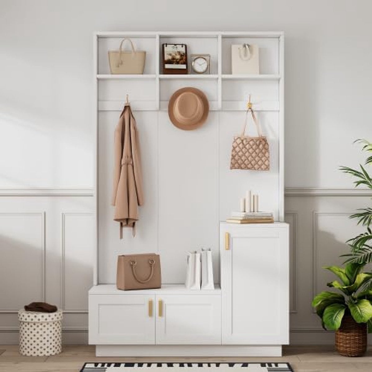 Garderobe met zitbank - Wit halmeubel set - B/D/H: 120 x 200 cm