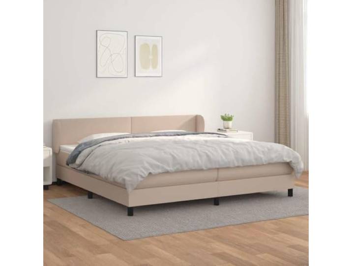Boxspringbett 200 x 200 cm, Cappuccino-Braun Kunstleder schlichtes Design höhenverstellbares Kopfteil mit Ohren, 2 Taschenfederkernmatratzen, Topper inklusive, fürs, Schlichtes Design