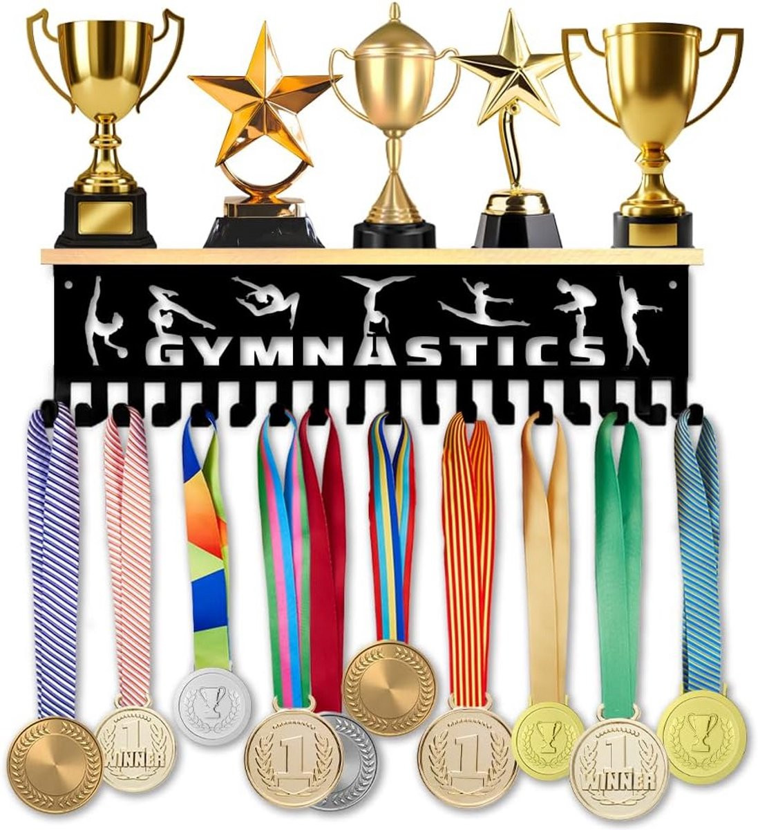 Zwarte Medailles Hanger met 18 Haken en Trofee Plank - Breedte: 40 cm