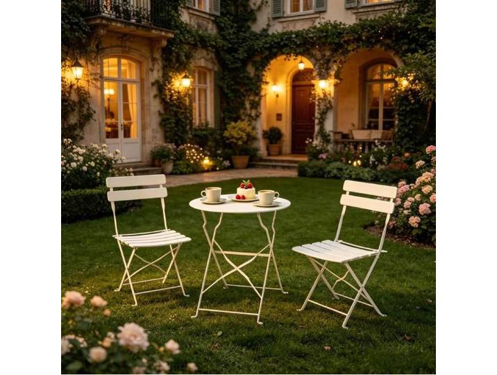 Ensemble table et chaises pliables de terrasse – mobilier de jardin en métal – crème – lot de 3